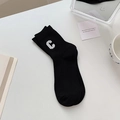 Black ribbed cotton crew socks with white embroidered letter C for women's summer style - One Size / Black