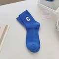 Royal blue cotton crew socks with white C embroidery and ribbed texture for women - One Size / Blue