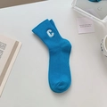 Bright blue cotton crew socks with white C embroidery and ribbed knit texture - One Size / Sky Blue