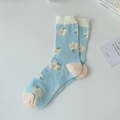 Light blue mesh crew socks with tulip patterns and white ruffle cuffs for summer - Blue Small Flower (1 Pair)