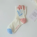 Breathable white mesh mid-calf socks with pink tulip floral patterns and contrast colors - Pink 3D Flower (1 Pair)
