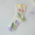 Breathable white mesh socks with tulip flower patterns and yellow wavy cuffs - Pink Purple Tulip (1 Pair)