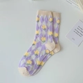Purple diamond pattern socks with yellow floral print and beige contrast trim - Purple Argyle Floral (1 Pair)