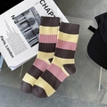 Calze a metà polpaccio a righe in cotone di bambù rosa e marrone da donna - Righe Patchwork Marrone Giallo Rosa (1 Paio)