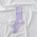 Light purple cotton crew socks with white stripes and elegant cable-knit texture details - Purple Twisted