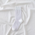 White crew socks with light purple plaid pattern and elastic ribbed cuffs in soft cotton - Purple Dotted Plaid