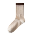 Beige cotton crew socks with brown striped ribbed cuffs and vertical textured patterns - One Size / Khaki