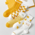5er-Set hellgelbe Baumwollsocken für Damen mit Zitronenmuster und Karodesign - Gelbe Orange 5 Paar Set
