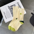 Hellgelbe gerippte Crew-Socken mit grüner Blumenstickerei und kontrastreichen Akzenten - Blumenstickerei (1 Paar)