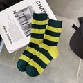 Vintage style crew socks featuring bright yellow and dark green stripes in ribbed cotton - Wide Stripes (1 Pair)