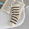 Brown striped mid-calf socks with vintage rib knit texture on an open book - Beige Base With Dark Brown Wide Stripes (1 Pair)