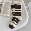 Women's crew socks with brown and cream stripes and cute bear embroidery detail - Coffee Top With Beige Wide Stripes (1 Pair)