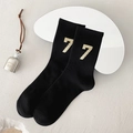Black Japanese style crew socks featuring white embroidered number 7 on high quality cotton - One Size / Black Number 7