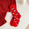 Rote Baumwollsocken für Damen mit blau-weißen Streifen und einzigartiger Distressed-Struktur - Einheitsgröße / Leuchtend Roter Quasten-Stil (3397)