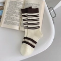 Classic cream cotton crew socks with brown stripes and bear embroidery on book background - Coffee Top With Beige Fine Stripes (1 Pair)