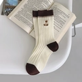 Cream knit crew socks featuring brown contrast accents and cute bear embroidery - Off-White Contrast With Bear Embroidery (1 Pair)