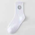 White mid-calf cotton socks featuring black embroidered smiley face in minimalist style - One Size / White