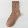 Women's crew socks in brown cotton knit featuring a cute black embroidered smiley face - One Size / Brown