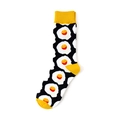 Women's cotton crew socks in black featuring cartoon fried egg print and yellow trim - One Size / Fried Egg (Black/Yellow)