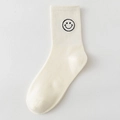 Minimalist cream white cotton crew socks featuring a black embroidered smiley face - One Size / Off White
