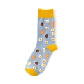Blue crew socks with breakfast patterns, yellow heel and toe accents for daily wear - One Size / Coffee & Bread (Light Blue/Yellow)