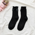 Sweet Lolita black mid-tube socks featuring delicate ruffles and satin bow details - Cable Knit Bow Style (XN082) / Black
