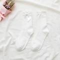 Cream white knitted socks with cable pattern and large satin bow for women - Frill Edge Bow Style (XN082) / White