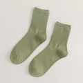 Sage green ribbed cotton mid-calf socks with vertical knit texture for women - Light Green