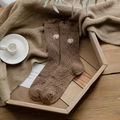 Brown wool blend socks with heart pattern and ruffled cuffs on wooden tray - One Size / 1 Pair / Brown Heart
