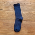 Navy blue mid-calf ribbed socks for women featuring elegant lettuce edge cuffs on wood - One Size / Lettuce Edge Blue (1 Pair)