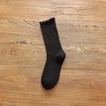 Women's black mid-calf cotton socks with ruffle edges and knit ribbed texture - Black