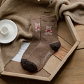 Thick wool blend brown crew socks with cute bear embroidery and red bow detail - One Size / 1 Pair / Single Bear