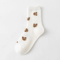 White cotton crew socks with vertical ribbing and cute brown cartoon bear patterns - One Size / Multiple Bears
