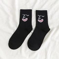 Lustige schwarze Baumwollsocken mit pinkem Smiley-Gesichtsmuster für Damen und Herren - Einheitsgröße / Schwarz