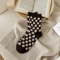 Vintage dark brown wool socks with white daisy floral pattern and soft knit texture - One Size / Small White Flowers