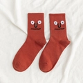 Brick red crew socks with minimalist cartoon face embroidery and ribbed cotton texture - One Size / Orange Red