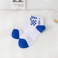 Blue and white ankle socks with smile embroidery and checkered pattern details - SMILE Letter Style