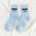 Sky blue cotton crew socks featuring minimalist cartoon face with sunglasses embroidery - One Size / Blue