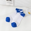 Blue and white low-cut ankle socks with cute smile pattern and striped ribbed cuffs - Checkered Smile