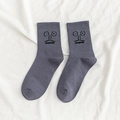 Funny cartoon face embroidery on dark grey crew socks made of breathable cotton fabric - One Size / Dark Gray