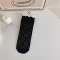 Elegant black lace mid-calf socks with ruffled edges and delicate diamond mesh pattern - One Size / Black Palace Floral