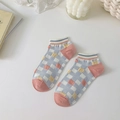 Calcetines bajos con bloques geométricos rosa y amarillo y rayas azules de algodón - Talla única / Azul Bloque de Color Cuadros (S2281)