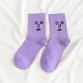 Purple cotton mid-calf socks featuring a unique quirky cartoon face embroidered design - One Size / Purple