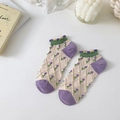 Calcetines bajos de mujer con tulipanes púrpuras, cuadros y borde con volantes - Talla única / Beige Tulipán Púrpura (S2281)