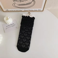 Elegant black lace tulle crew socks with delicate floral patterns and ruffled cuffs - One Size / Black Green Plant