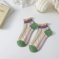 Calcetines de mujer a cuadros pastel con bordes de volantes y patrón de corazón de algodón - Talla única / Beige Jacquard Púrpura (S2281)
