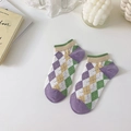 Short plaid boat socks for women featuring purple and green argyle pattern in soft cotton - One Size / Beige Colorful Diamond (S2281)