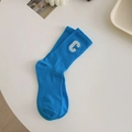 Vibrant blue cotton crew sock with white letter C embroidery in ribbed knit style - Aqua
