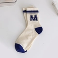 Off-white cotton mid-calf socks featuring blue M letter jacquard and striped cuffs - Pure Cotton Letter M (1 Pair)