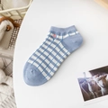 Chaussettes courtes en coton à rayures bleues et blanches pour femmes avec fleur rouge - Rayures Bleues Broderie Fleur (Une Paire)